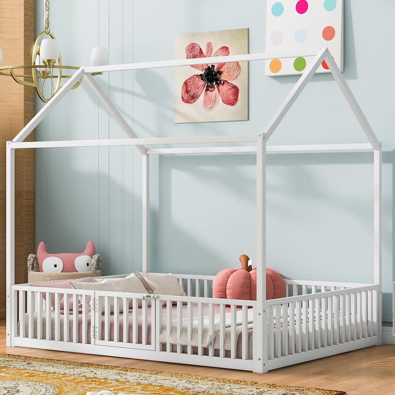 Full Size White Metal House Bed with Fence and Door, Distressed Washed Design - White