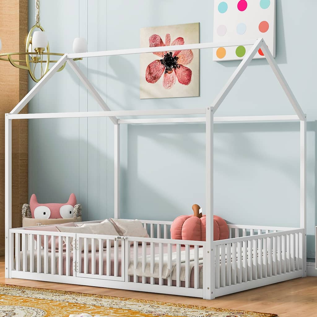 Full Size White Metal House Bed with Fence and Door, Distressed Washed Design