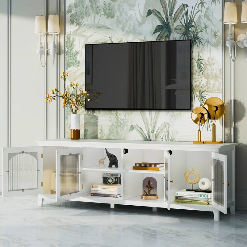 71" Modern TV Stand, Entertainment Center Media Console, Solid Wood Frame TV Cabinet with Changhong Glass Doors & Metal Handles