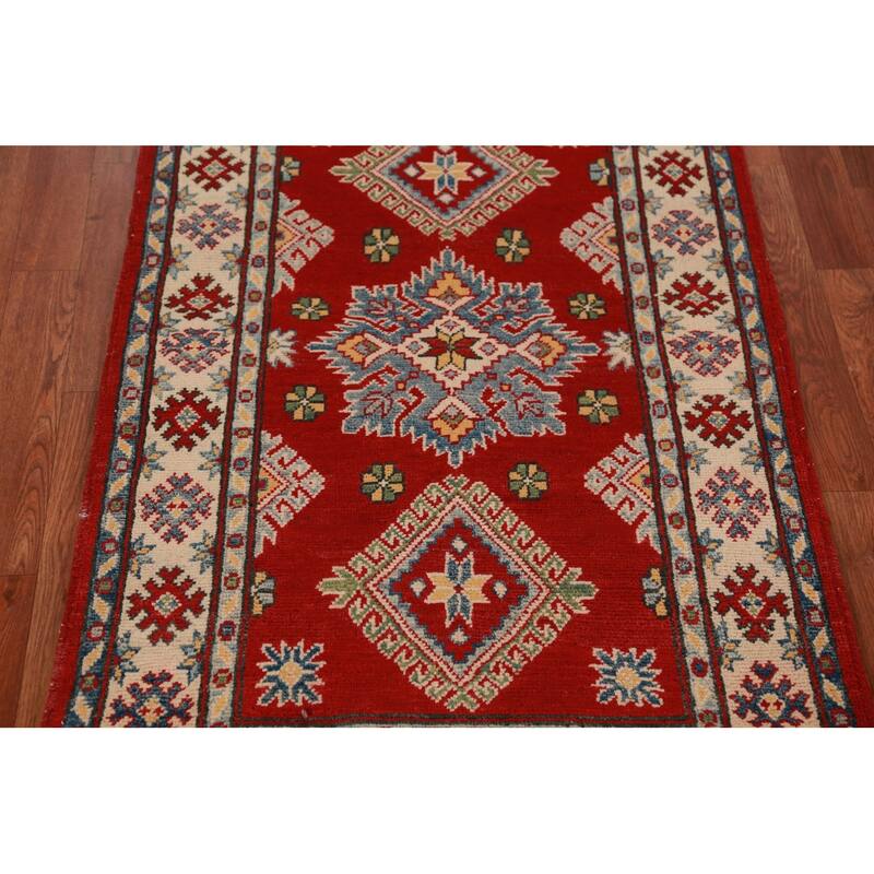 Red Geometric Kazak Oriental Foyer Rug Hand-Knotted Wool Carpet - 2'9"x 4'6"