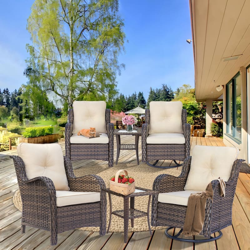 Brown Wicker Outdoor Patio Furniture Seating Sets with Beige Cushions - 6 Pieces - Beige
