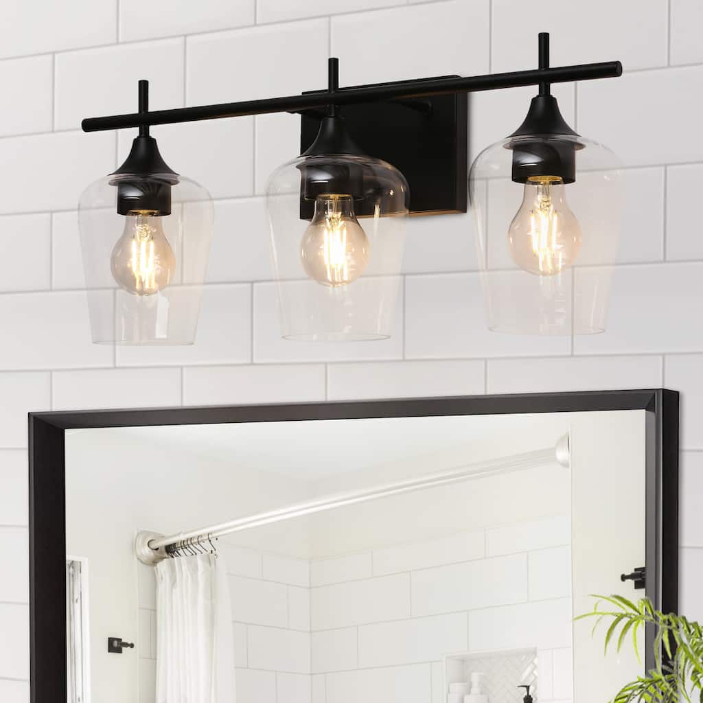 Zarbel Modern Farmhouse Black 3-Light Linear Bathroom Vanity Lights with Clear Unique Wine Glass - L 21"x W 6"x H 9.5"