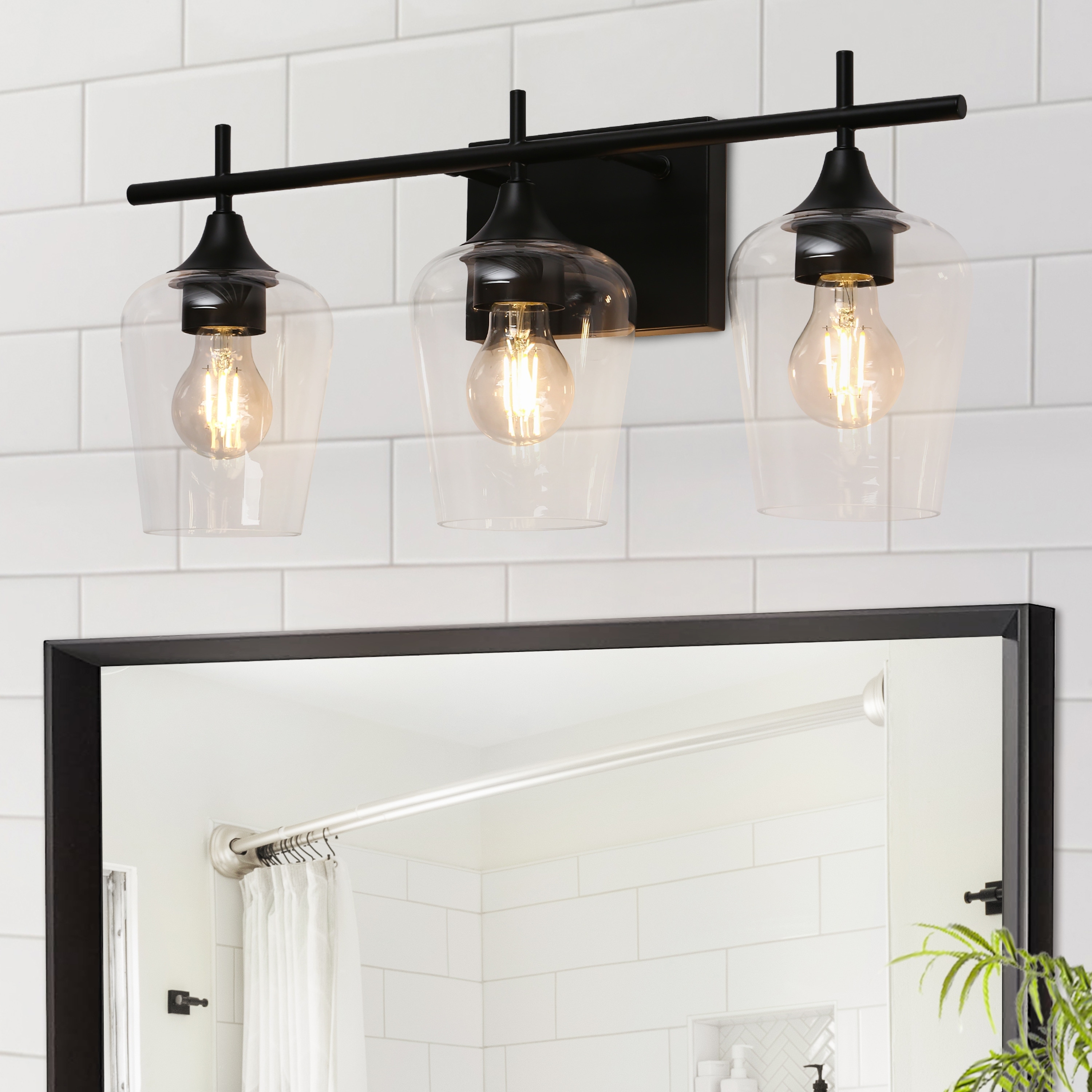 Zarbel Modern Farmhouse Black 3-Light Linear Bathroom Vanity Lights with Clear Unique Wine Glass - L 21"x W 6"x H 9.5"
