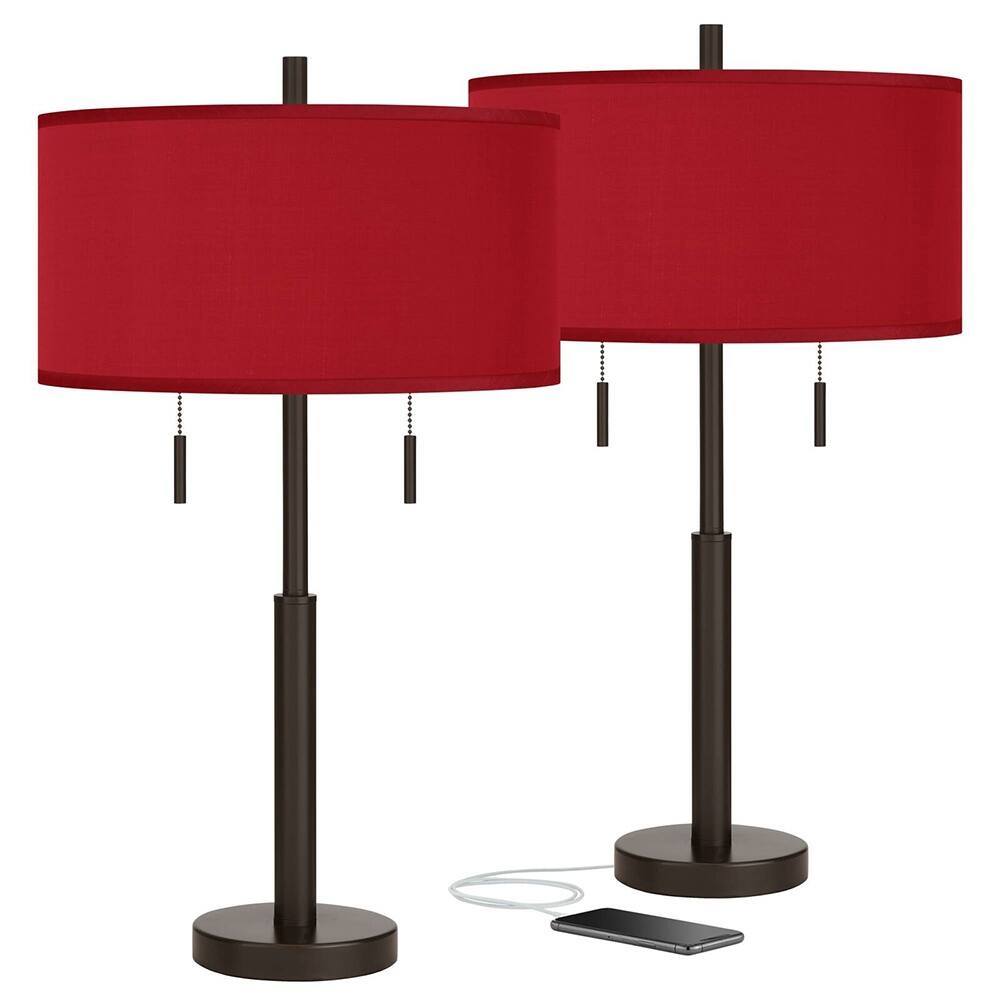 Modern Table Lamps 25 1/2" High Set of 2 Bronze USB Red Shade - 15" x 25"