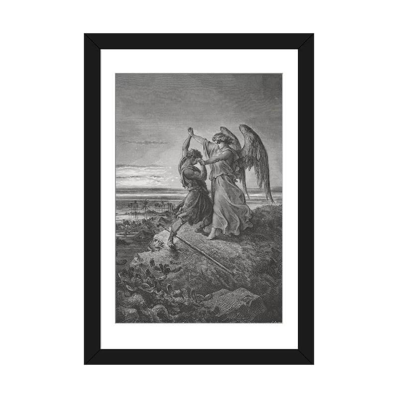 iCanvas "Jacob Wrestling With The Angel, Genesis 32-24-32 (Illustration From Dore's The Holy Bible), 1866" by Gustave Dore - Black - 32x24x1