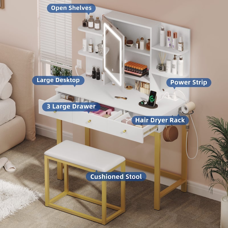 39"W Makeup Vanity Set with Lighted Mirror & Hidden Storage