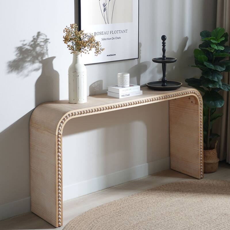 59" Entryway Table Natural Wood Console Table with Wood Beads