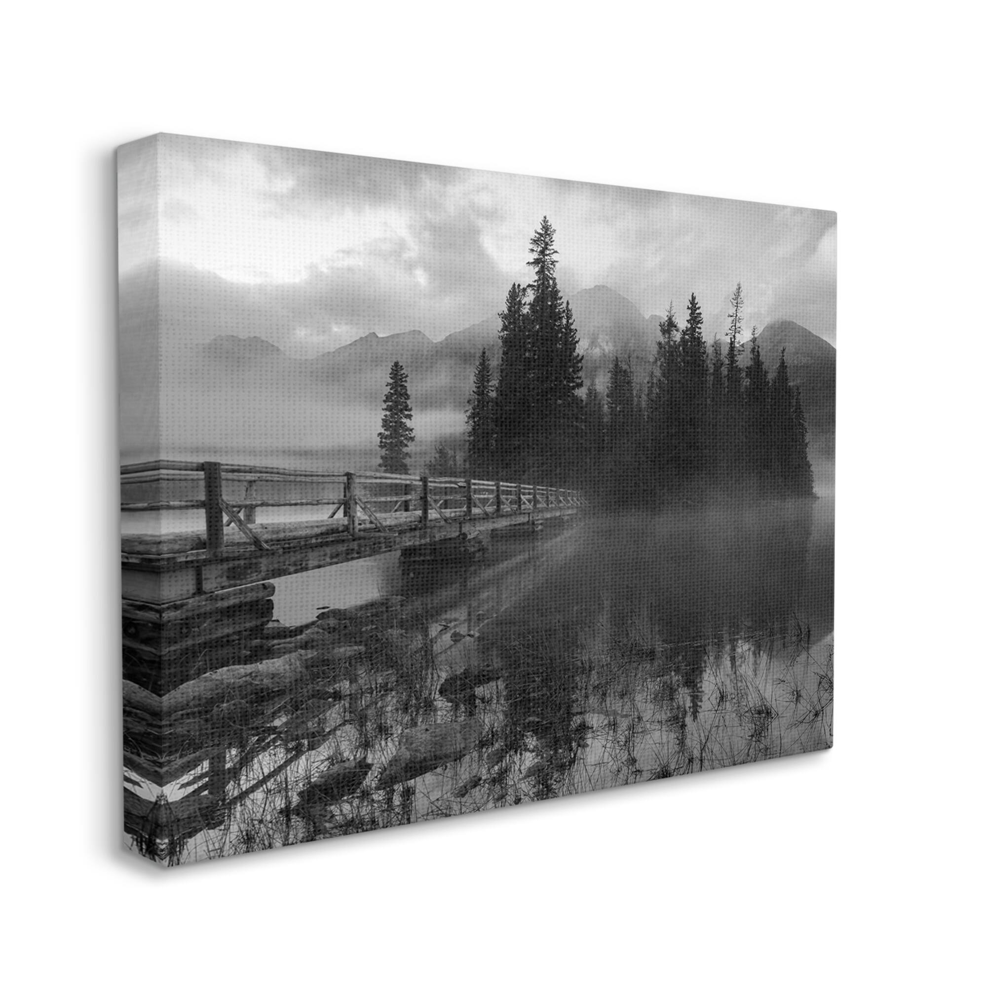 Stupell Industries Black & White Cloudy Scenery Lake Bridge Foggy