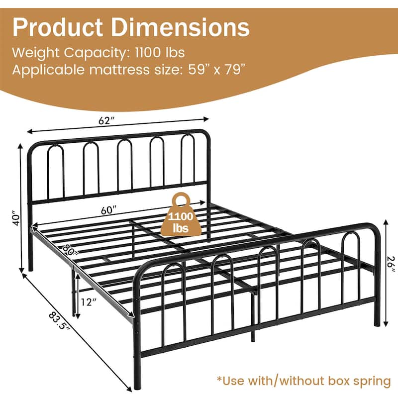 Gymax Stylish Queen Size Metal Bed Frame Platform Bed Base w/