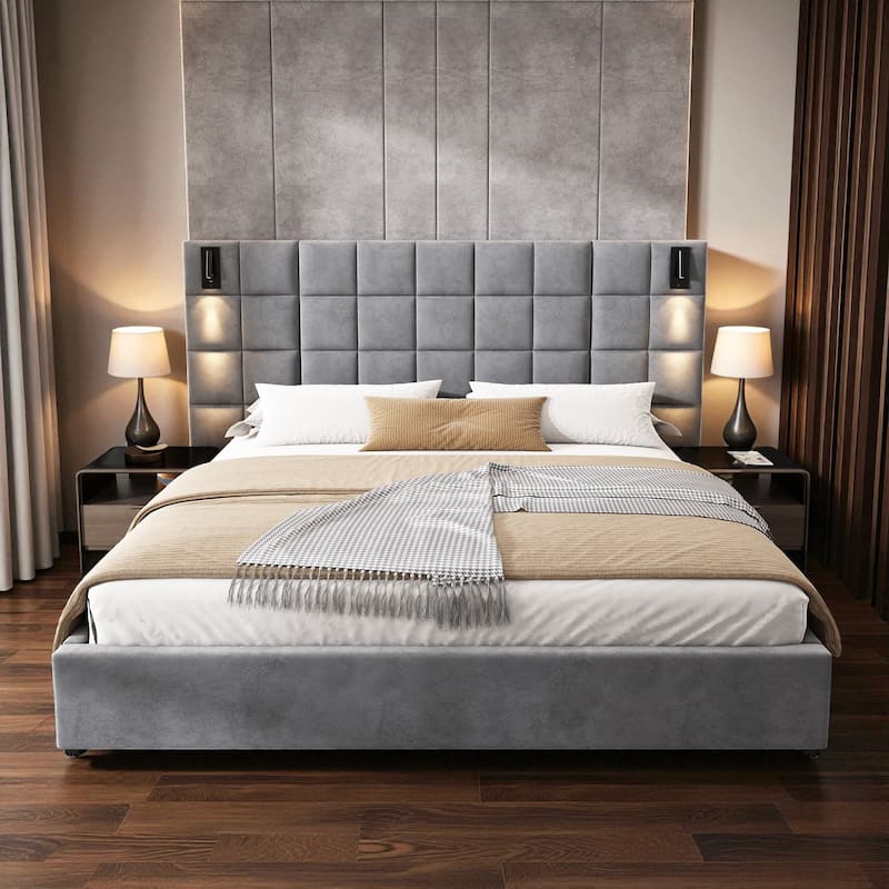 King Size Velvet Upholstered Bed Frame with Wide Headboard, Wall Sconce Reading Light & USB Port, No Box Spring Needed - Grey - King