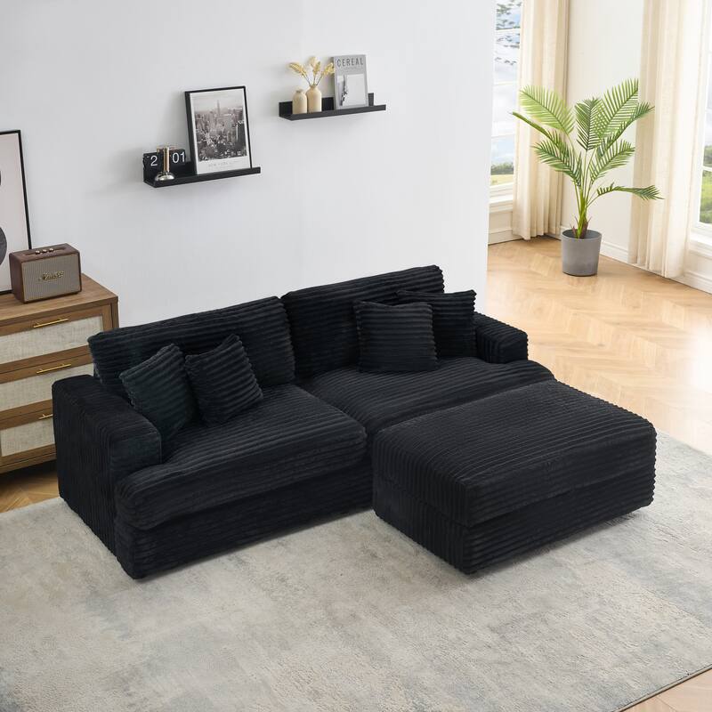 82-inch Black Corduroy Sofa with Storage Ottomans and 4 Pillows