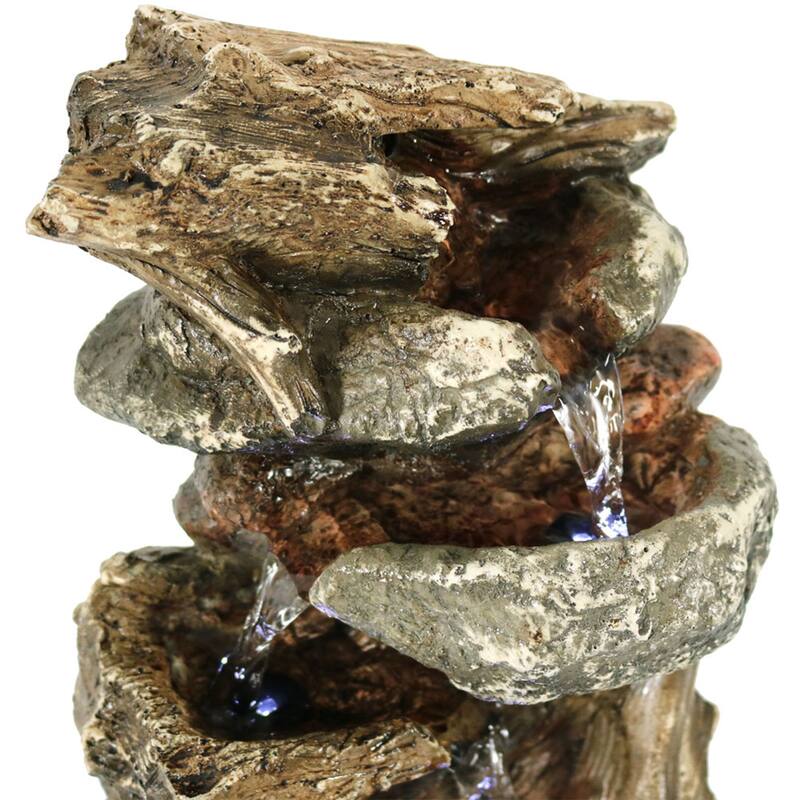 Sunnydaze Tiered Rock and Log Tabletop Fountain with LED Lights - 10.5-Inch