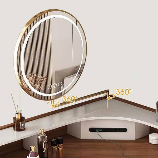 dimension image slide 3 of 4, Modern Corner Makeup Vanity Table with LED Lighted Mirror, Vanity Desk with 5 Drawers and Stool, Piano Finish