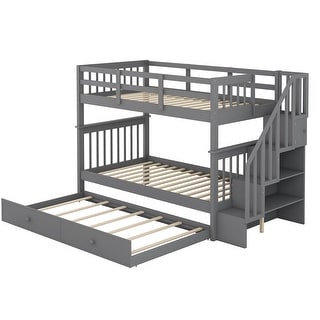 Functional Design Wood Bunk Bed with Trundle, Storage Staircases and Guardrails for Safety Guaranteed, Grey