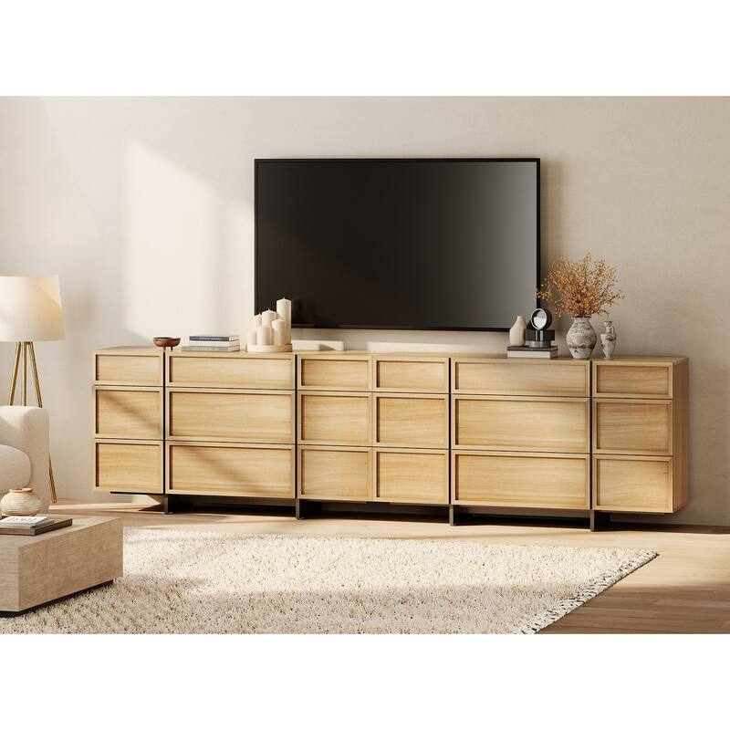 WAMPAT Modern TV Stand, Entertainment Center with T-Shaped Legs, Media Console Table with Storage Drawers - 2 Piece - Oak