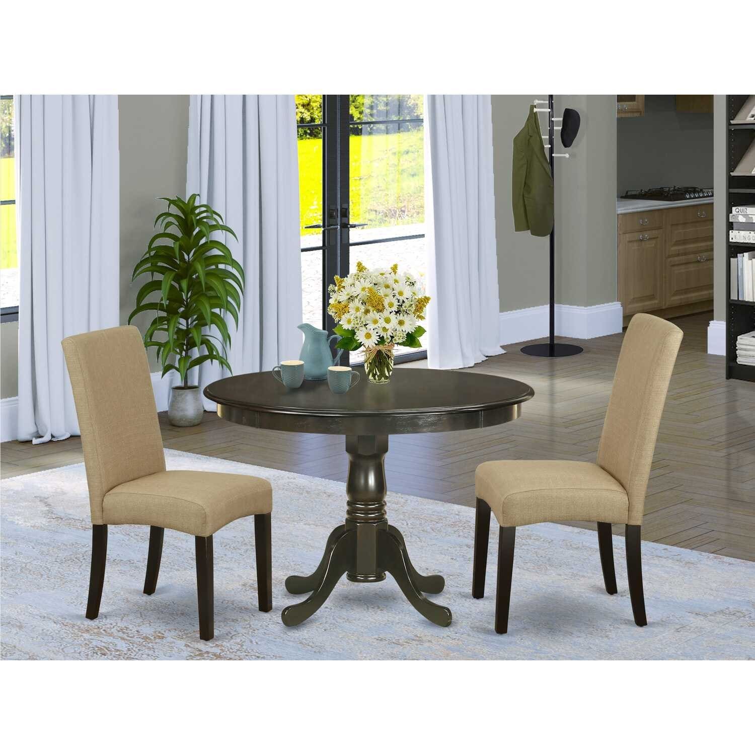 Round Dining Table Set 3pc - 42" Table & 2 Parson Chairs - Cappuccino Finish - Linen Fabric - Home Dining Room