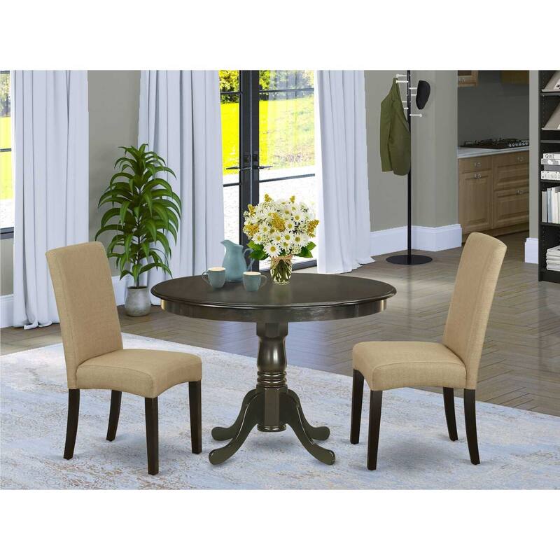 Round Dining Table Set 3pc - 42" Table & 2 Parson Chairs - Cappuccino Finish - Linen Fabric - Home Dining Room