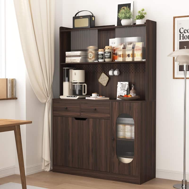 71" Tall Kitchen Pantry Cabinet with Reeded Glass Doors, Microwave Stand and Storage Shelves, Freestanding Bakers Rack Sideboard