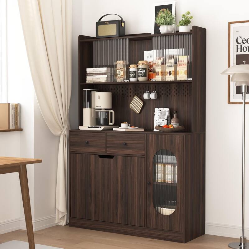 Anmytek Large Capacity 71 Inch Tall Kitchen Pantry Cabinet Reeded Glass Doors Microwave Stand Bakers Storage Rack