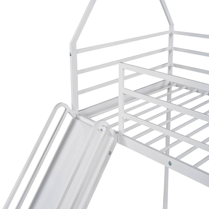 Twin over Twin House Bunk Bed with Ladder and Slide House Shaped Bunk Bed Frame with Lenght Guardrail, No Box Spring Needed