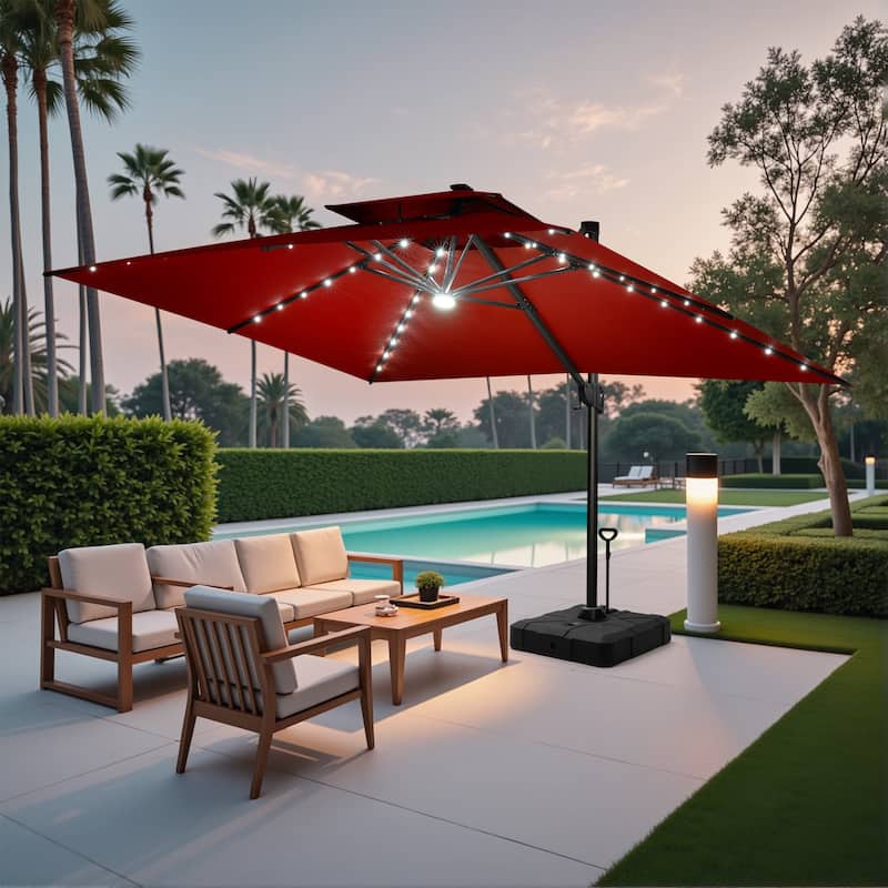 10 FT x 13 FT Outdoor LED Lighted Patio Cantilever Umbrella with Base Stand - Red