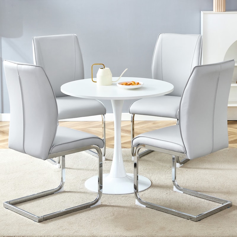 Modern Dining Table Set with Circular White Top, Ergonomic Arched Chairs, Hourglass Metal Legs, Anti-Slip Feet - Light Gray,Silver,White
