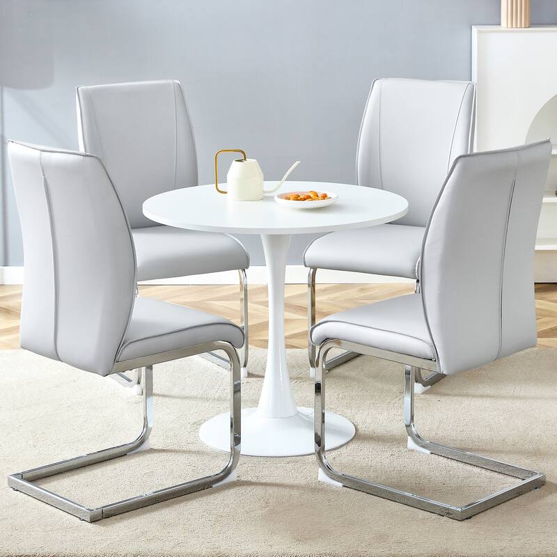 Roomfitters 5pcs Small Round Dining Table Set with PU Upholstered Chairs and Silver Arched Legs, Light Gray