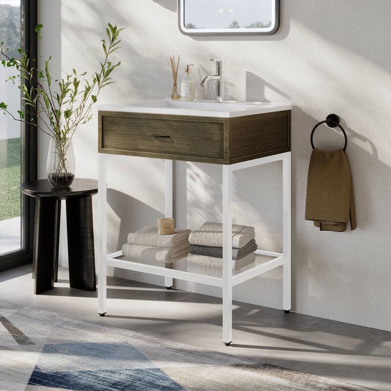 Ansel Freestanding Bathroom Vanity with Single Sink, One Glass Shelf, Metal Legs