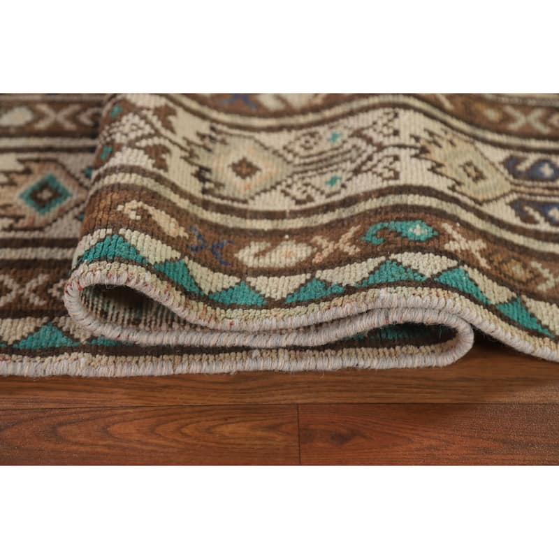 Geometric Hamedan Persian Runner Rug Hand-knotted Vintage Wool Carpet - 4'0" x 10'7"
