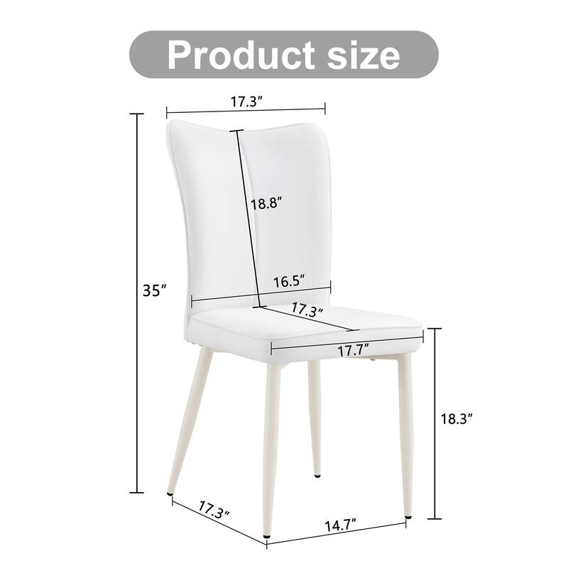 Modern minimalist dining chair, white PU leather curved back and seat cushion, white metal chair legs, set of 4