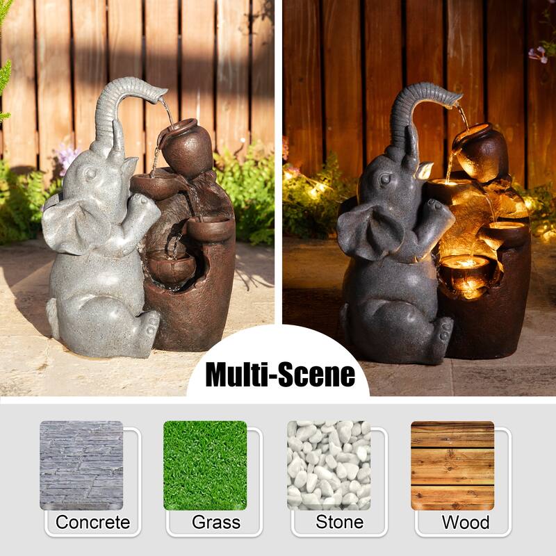 Glitzhome 4-Tiered Dogs or Elephant and Pot Polyresin Outdoor Fountain with Pump and LED Light