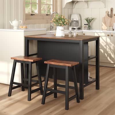 3PCS Wood Stationary Kitchen Island, Dining Prep Table Set with Stools