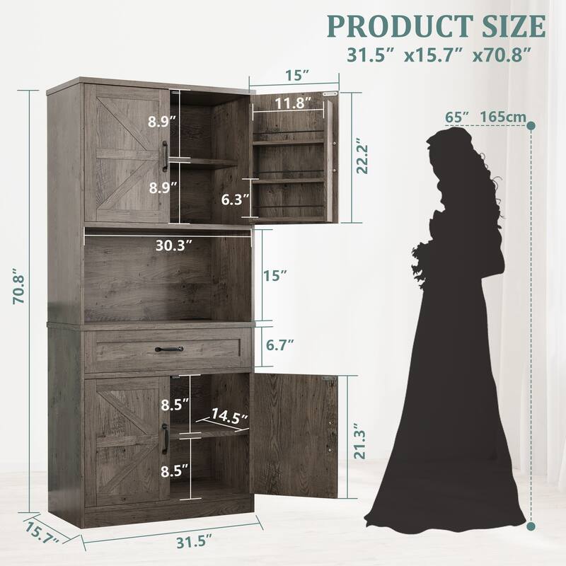 Gymojoy 70" Farmhouse Kitchen Pantry Cabinet With Operation Table & Power Outlet, Freestanding Cupboard