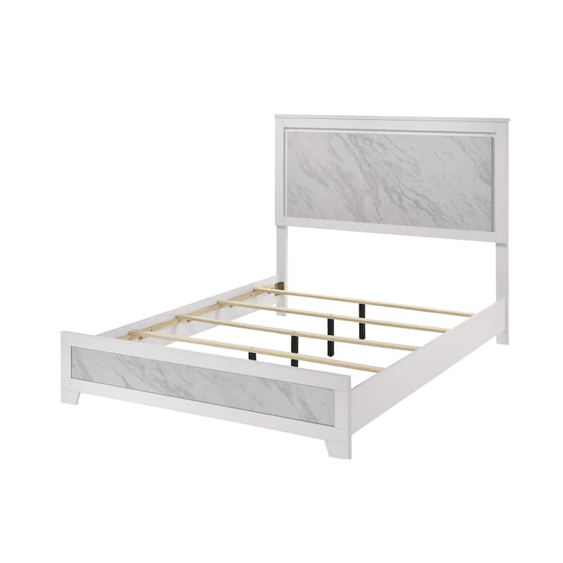 Furniture of America Loris Modern White Panel Bed with Faux Marble Headboard