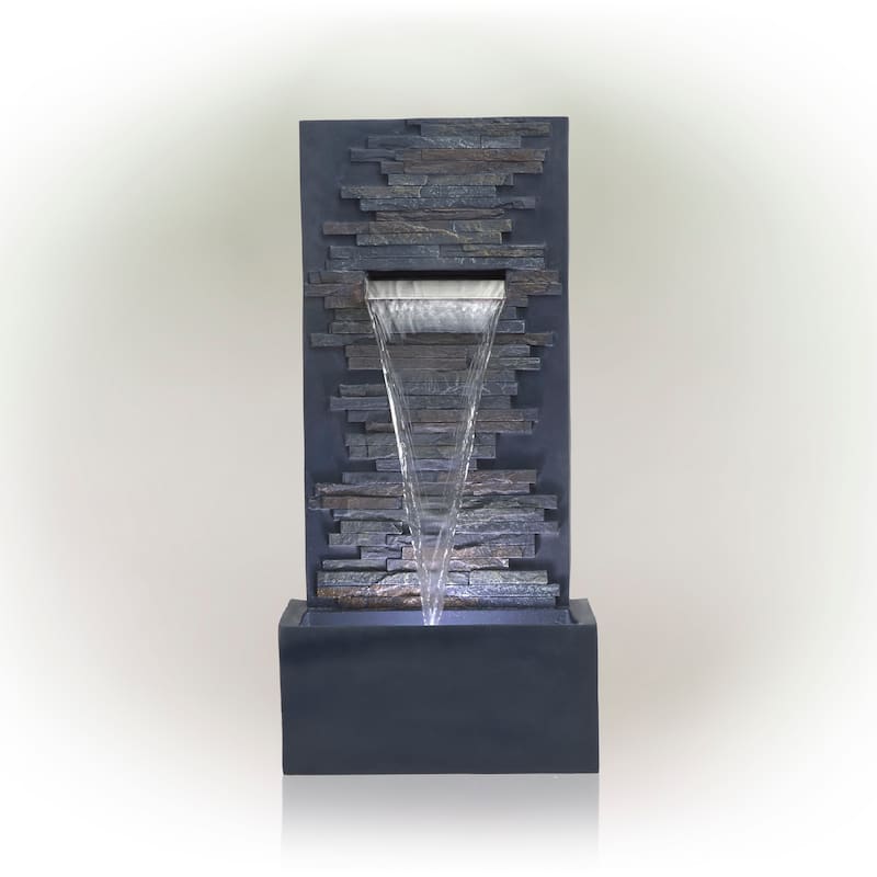 Alpine Corporation 32" Cascading Stone Wall Fountain with LED Lights Outdoor Water Feature for Garden