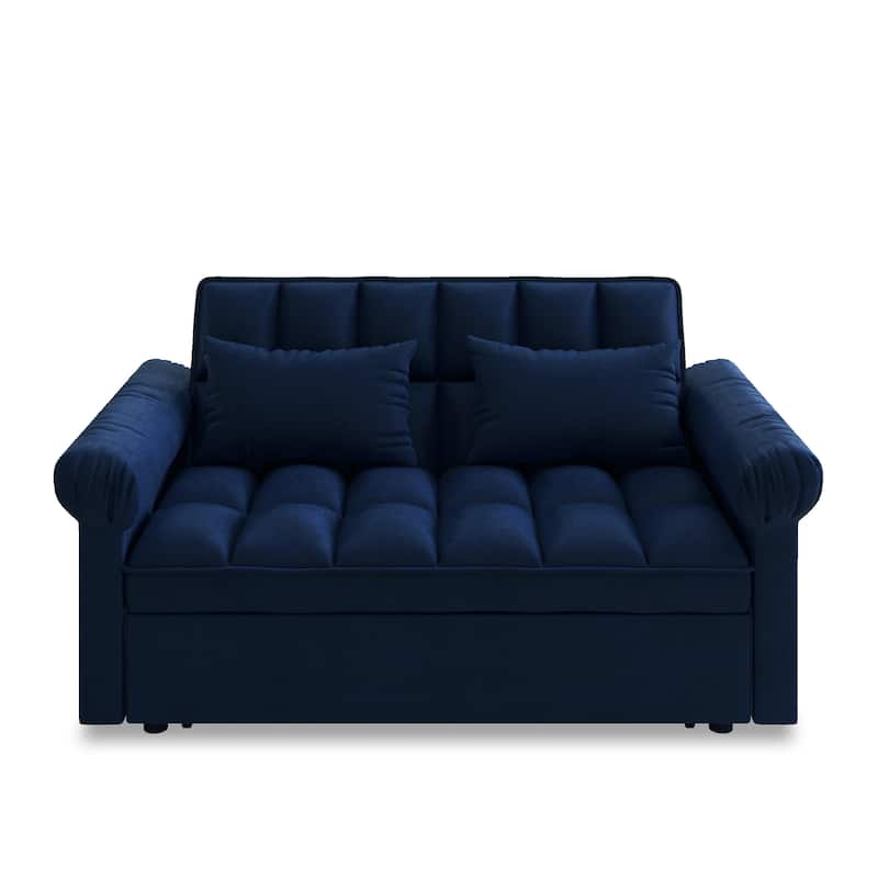 Flannel Sleeper Sofa Bed Loveseat Recliners Couch with Pull-Out Trundle, Adjustable Backrest, Round Arms and Side Pockets