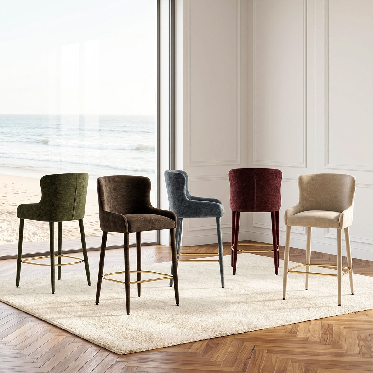 26.5" Modern Luxury Chenille Counter Stools with Gold Footrests (Set of 2)