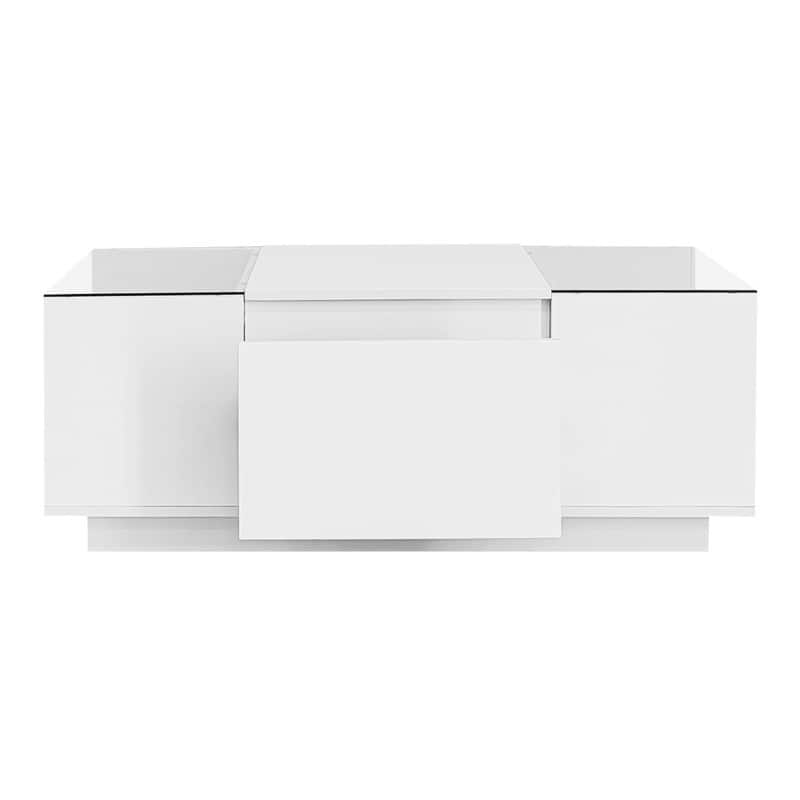 Led Coffee Table, Modern Center Table with High-Gloss Finish and Glass Tabletop, Coffee Table with Open Storage Compartment