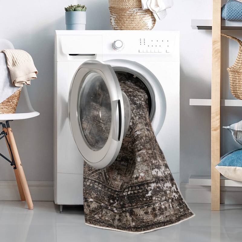 Machine Washable Collection Grey/Tan/Beige Medallion Area Rug