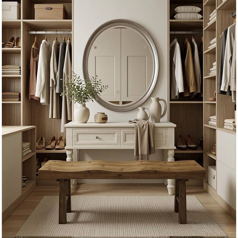 55" Rustic Solid Wood Entryway Bench, Wave-Top Design, Easy Assembly