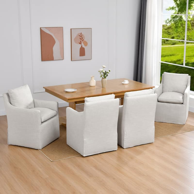 Linen 25" Upholstered Swiveling Rolling Dining Chairs with Casters - Set of 4 - Armrest-Cream