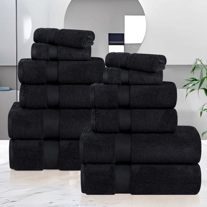 Superior Zero Twist Cotton Soft Absorbent 12 Piece Assorted Towel Set - Black