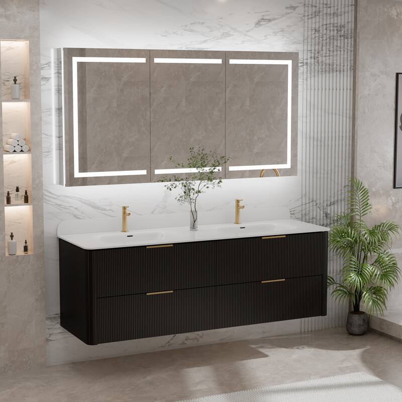 Modland 60" Fluted Double Vanity, Floating Plywood Wall Mount, Dual Sink, Curved Edge, 4 Drawers - 60 inch