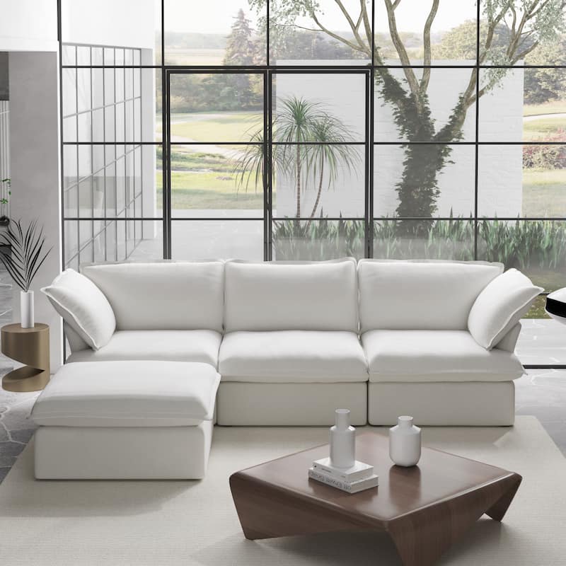 L Shaped Modern Comfy Cloud Sofa Couch, Minimalist Down-Filled Sectional Sofas Couches With Ottoman - White