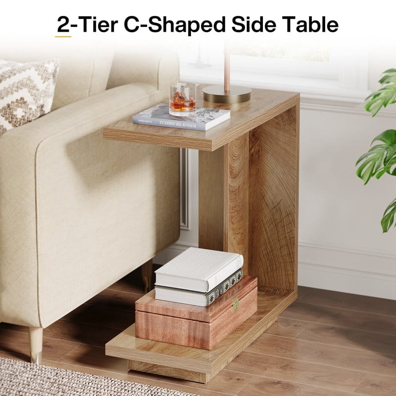 C-shaped Side Table Set Of 2, 2-tier Narrow End Table Wood Nightstand