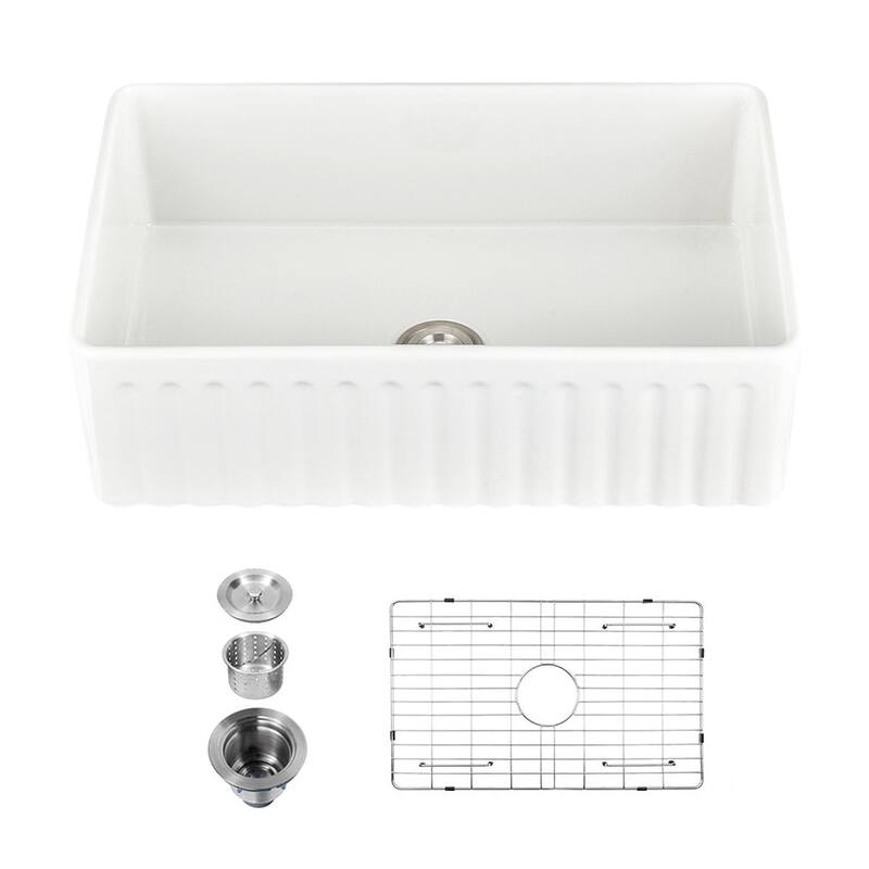 DORNBERG Fireclay 33" L X 20" W Farmhouse Kitchen Sink with Grid and Strainer - White