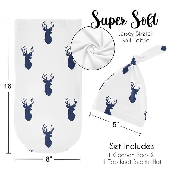 Woodland Deer Collection Boy Baby Cocoon and Beanie Hat Sleep Sack - 2pc Set - Navy Blue and White Forest Animal Stag Antler