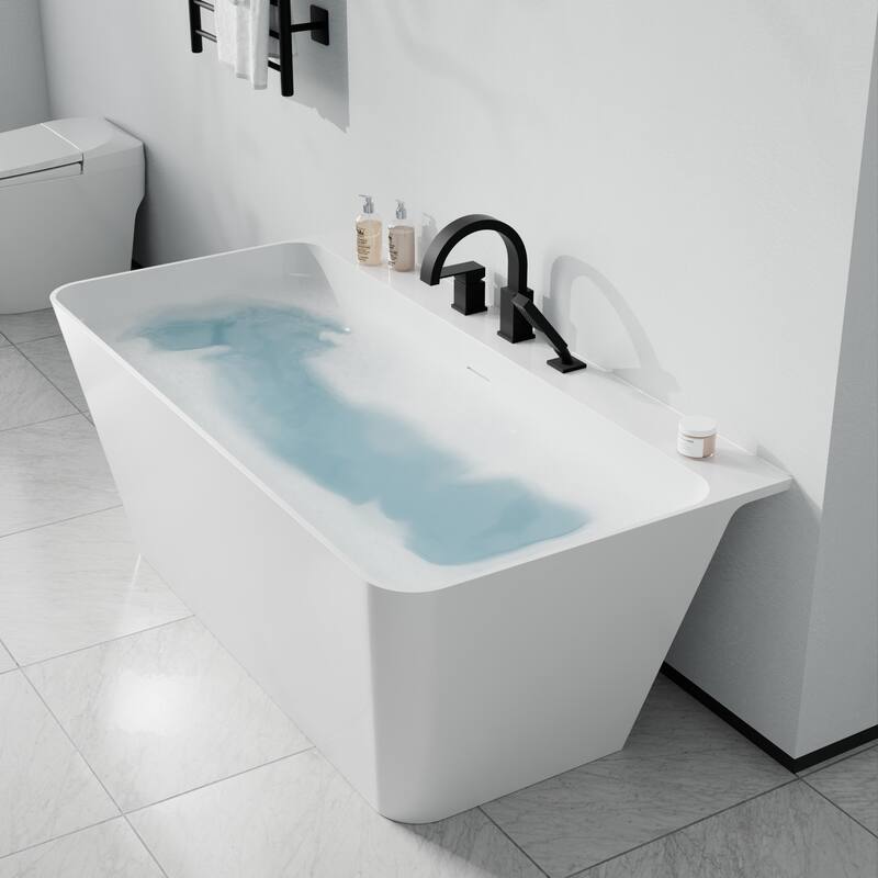 Vault Series 59 in. x 30 in. Flat Bottom Acrylic Freestanding Soaking Bathtub with Center Drain, Matte Black Faucet