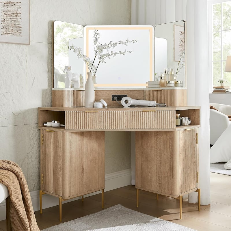 Modern Fluted Makeup Vanity Desk with 3 Way Mirror&Light, Vanity Table - Natural Oak