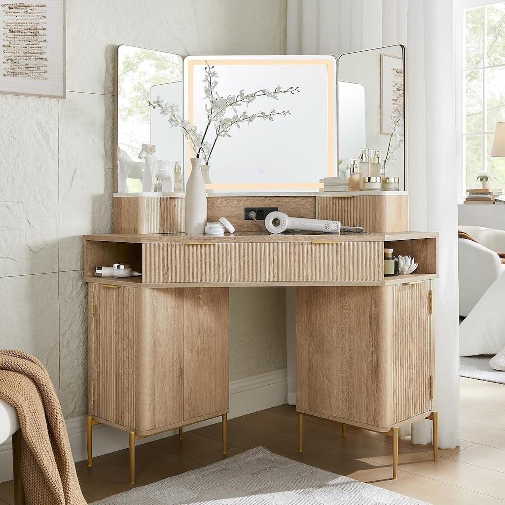 Modern Fluted Makeup Vanity Desk with 3 Way Mirror&Light, Vanity Table